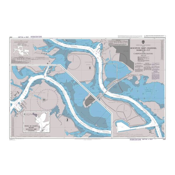 Product image of Admiralty Chart 3187 | Houston Ship Channel Morgans Point to Carpenters Bayou, featuring navigational markings, depth soundings, and coastal features, essential for safe marine navigation. It could be displayed as an art piece or used for navigation on a boat or ship.