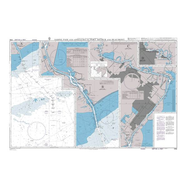 Product image of Admiralty Chart 3192 | Sabine Pass and Approaches to Port Arthur and Beaumont, featuring navigational markings, depth soundings, and coastal features, essential for safe marine navigation. It could be displayed as an art piece or used for navigation on a boat or ship.