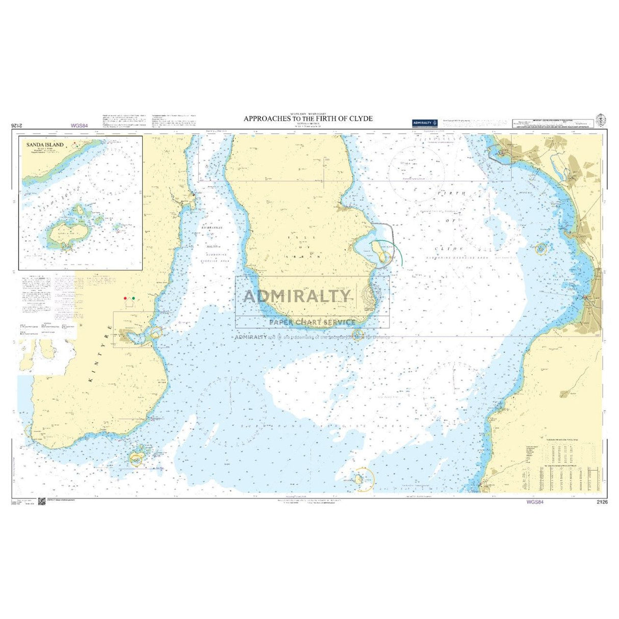 The Admiralty Chart 2126: Approaches to the Firth of Clyde offers crucial navigation details, illustrating water depths, coastal features, and hazards, with a focus on commercial shipping routes in the Clyde area. It includes detailed depictions of land areas and islands.