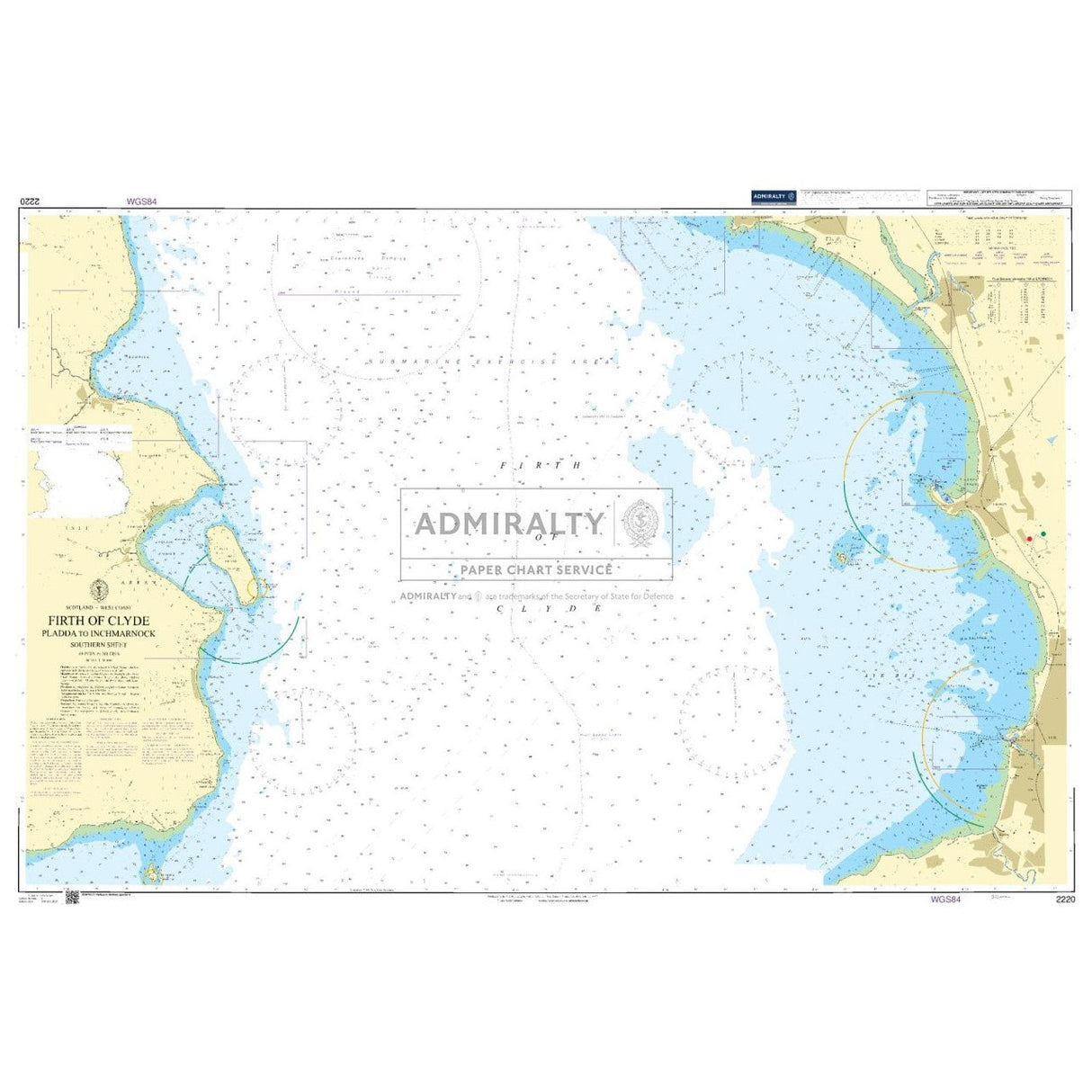 The Admiralty Chart 2220: Firth of Clyde Pladda to Inchmarnock Southern Sheet by Admiralty illustrates the coastline, depth contours, navigational hazards, and markers essential for navigation around islands and the mainland with precise coordinates crucial for commercial shipping routes.