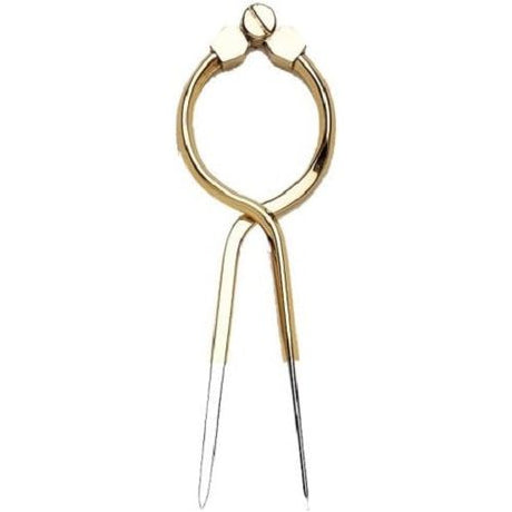 The Weems & Plath 7" One Hand Brass Divider features a circular hinge and two pointed legs, with one leg in gold and the other in silver. The secure hinge pin allows for easy adjustment of the legs for chart work and measuring distances. The stainless steel tips are sharp and narrow, making them ideal for precision tasks.