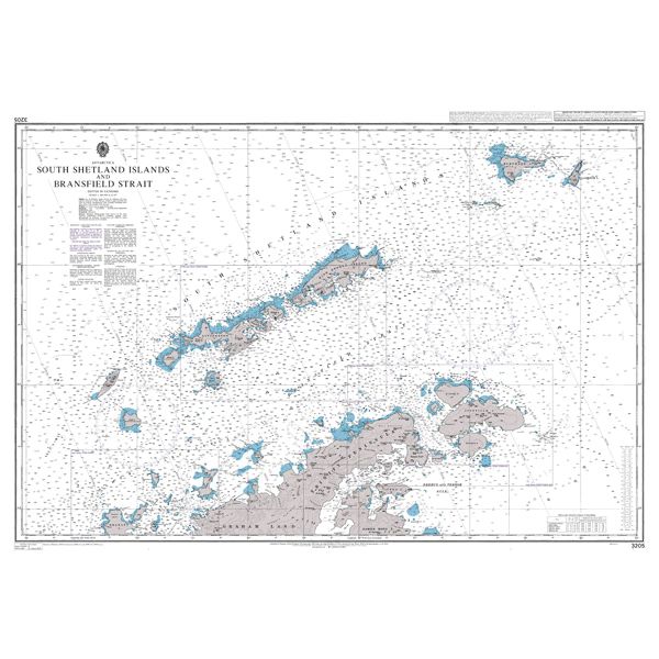 Product image of Admiralty Chart 3205 | South Shetland Islands and Bransfield Strait, featuring navigational markings, depth soundings, and coastal features, essential for safe marine navigation. It could be displayed as an art piece or used for navigation on a boat or ship.