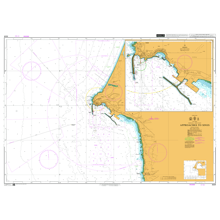 Product image of Admiralty Chart 3224 | Approaches to Sines, featuring navigational markings, depth soundings, and coastal features, essential for safe marine navigation. It could be displayed as an art piece or used for navigation on a boat or ship.