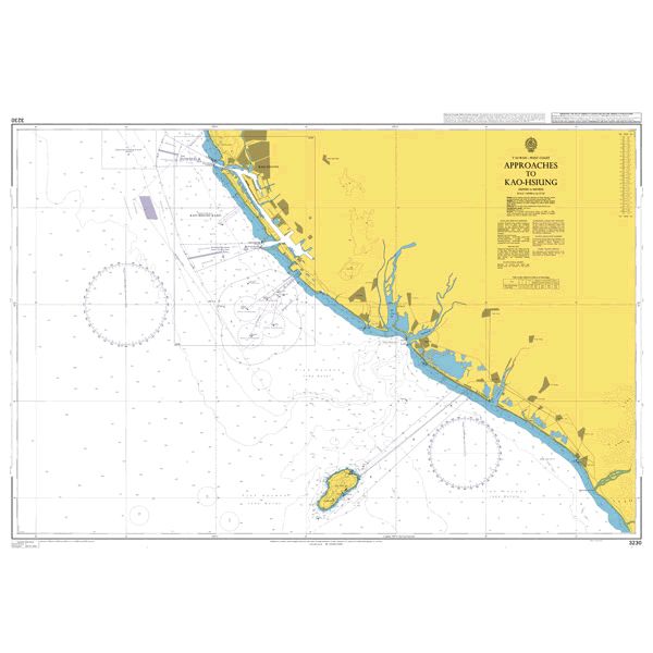 Product image of Admiralty Chart 3230 | Approaches to Kaohsiung, featuring navigational markings, depth soundings, and coastal features, essential for safe marine navigation. It could be displayed as an art piece or used for navigation on a boat or ship.