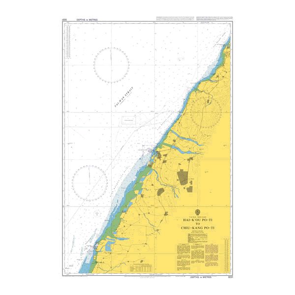 Product image of Admiralty Chart 3231 | Hai-K'ou P'o-Ti to Chiu-Kang P'o-Ti, featuring navigational markings, depth soundings, and coastal features, essential for safe marine navigation. It could be displayed as an art piece or used for navigation on a boat or ship.