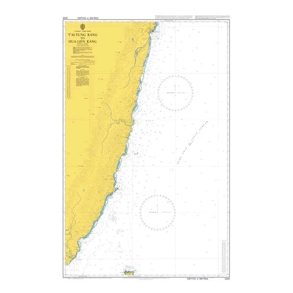 Product image of Admiralty Chart 3234 | T'ai-tung Kang to Hualien Kang, featuring navigational markings, depth soundings, and coastal features, essential for safe marine navigation. It could be displayed as an art piece or used for navigation on a boat or ship.