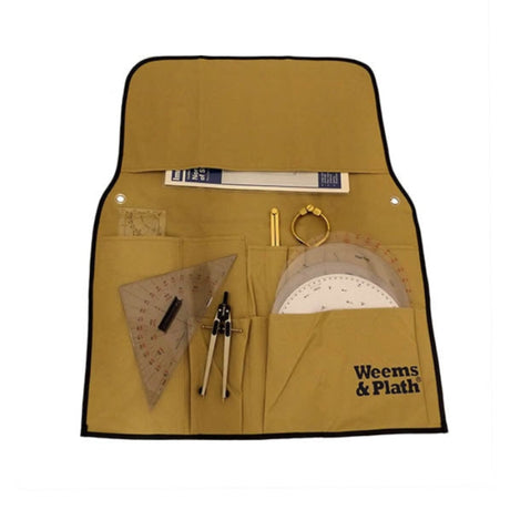 The Weems & Plath NaviTote is a durable fabric navigation tool case with compartments for a chart, dividers, protractor, plotter, compass, and other tools—all neatly organized.