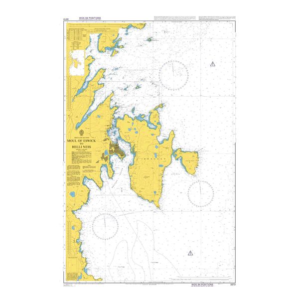 Product image of Admiralty Chart 3272 | Moul of Eswick to Helli Ness, featuring navigational markings, depth soundings, and coastal features, essential for safe marine navigation. It could be displayed as an art piece or used for navigation on a boat or ship.