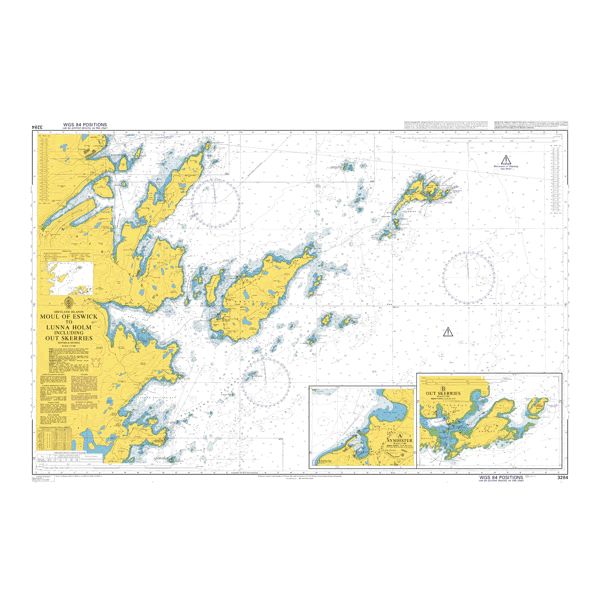 Product image of Admiralty Chart 3284 | Moul of Eswick to Lunna Holm including Out Skerries, featuring navigational markings, depth soundings, and coastal features, essential for safe marine navigation. It could be displayed as an art piece or used for navigation on a boat or ship.