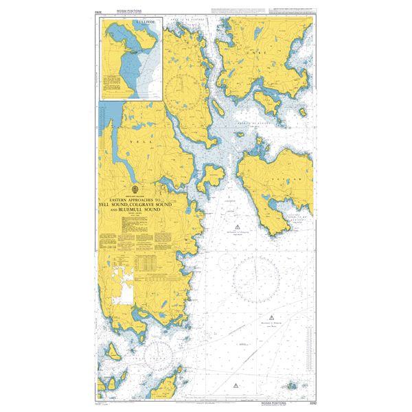 Product image of Admiralty Chart 3292 | Eastern Approaches to Yell Sound, Colgrave Sound and Bluemull Sound, featuring navigational markings, depth soundings, and coastal features, essential for safe marine navigation. It could be displayed as an art piece or used for navigation on a boat or ship.