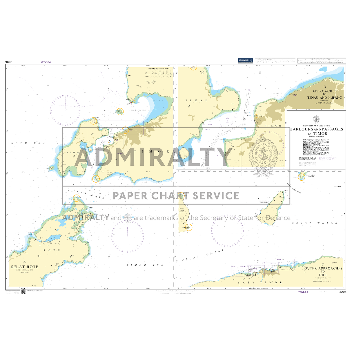 Product image of Admiralty Chart 3296 | Harbours and Passages in Timor, featuring navigational markings, depth soundings, and coastal features, essential for safe marine navigation. It could be displayed as an art piece or used for navigation on a boat or ship.