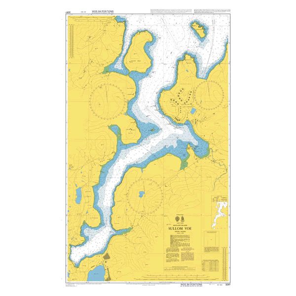 Product image of Admiralty Chart 3297 | Sullom Voe, featuring navigational markings, depth soundings, and coastal features, essential for safe marine navigation. It could be displayed as an art piece or used for navigation on a boat or ship.