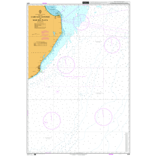 Product image of Admiralty Chart 3324 | Cabo San Antonio to Mar Del Plata, featuring navigational markings, depth soundings, and coastal features, essential for safe marine navigation. It could be displayed as an art piece or used for navigation on a boat or ship.