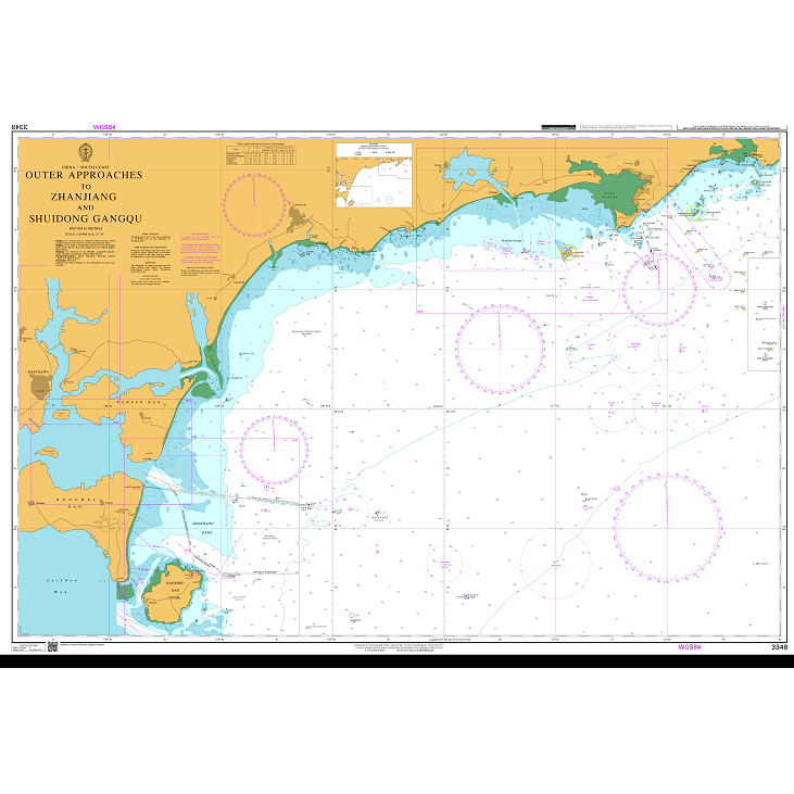 Product image of Admiralty Chart 3348 | Outer Approaches to Zhanjiang and Shuidong Gangqu, featuring navigational markings, depth soundings, and coastal features, essential for safe marine navigation. It could be displayed as an art piece or used for navigation on a boat or ship.