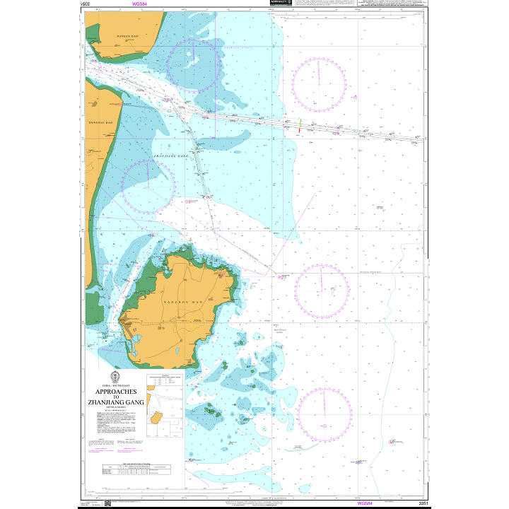 Product image of Admiralty Chart 3351 | Approaches to Zhanjiang Gang, featuring navigational markings, depth soundings, and coastal features, essential for safe marine navigation. It could be displayed as an art piece or used for navigation on a boat or ship.
