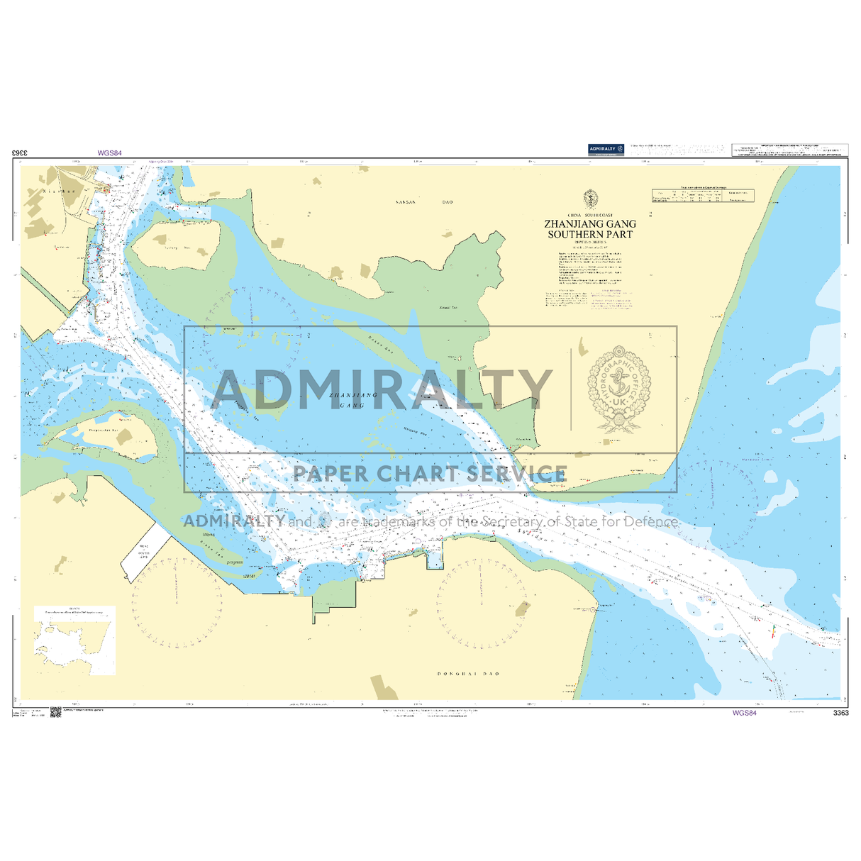 Product image of Admiralty Chart 3363 | Zhanjiang Gang Southern Part, featuring navigational markings, depth soundings, and coastal features, essential for safe marine navigation. It could be displayed as an art piece or used for navigation on a boat or ship.