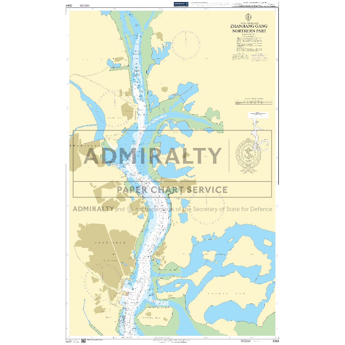 Product image of Admiralty Chart 3364 | Zhanjiang Gang Northern Part, featuring navigational markings, depth soundings, and coastal features, essential for safe marine navigation. It could be displayed as an art piece or used for navigation on a boat or ship.
