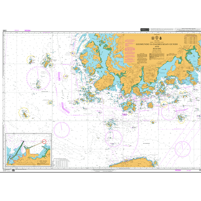 Product image of Admiralty Chart 3365 | Geomundo to Daeheuksan Gundo and Jejudo, featuring navigational markings, depth soundings, and coastal features, essential for safe marine navigation. It could be displayed as an art piece or used for navigation on a boat or ship.
