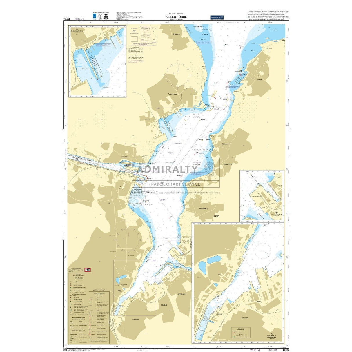 Admiralty Chart DE34: Kieler Forde by Admiralty details water depths, navigation routes, coastal features, ports, harbors, and includes inset maps of key docks and entry points along the fjord in Germany.