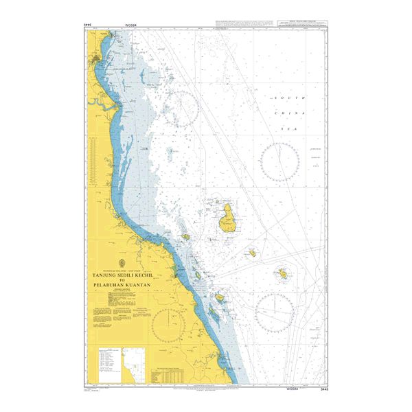 Product image of Admiralty Chart 3445 | Tanjung Sedili Kechil to Pelabuhan Kuantan, featuring navigational markings, depth soundings, and coastal features, essential for safe marine navigation. It could be displayed as an art piece or used for navigation on a boat or ship.