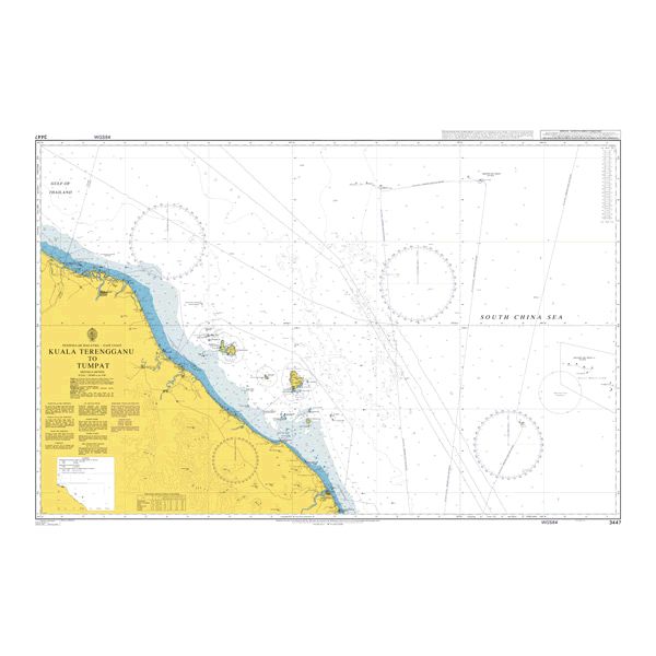 Product image of Admiralty Chart 3447 | Kuala Terengganu to Tumpat, featuring navigational markings, depth soundings, and coastal features, essential for safe marine navigation. It could be displayed as an art piece or used for navigation on a boat or ship.