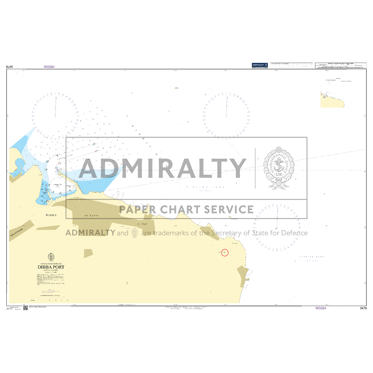 Product image of Admiralty Chart 3479 | Dibba Port, featuring navigational markings, depth soundings, and coastal features, essential for safe marine navigation. It could be displayed as an art piece or used for navigation on a boat or ship.