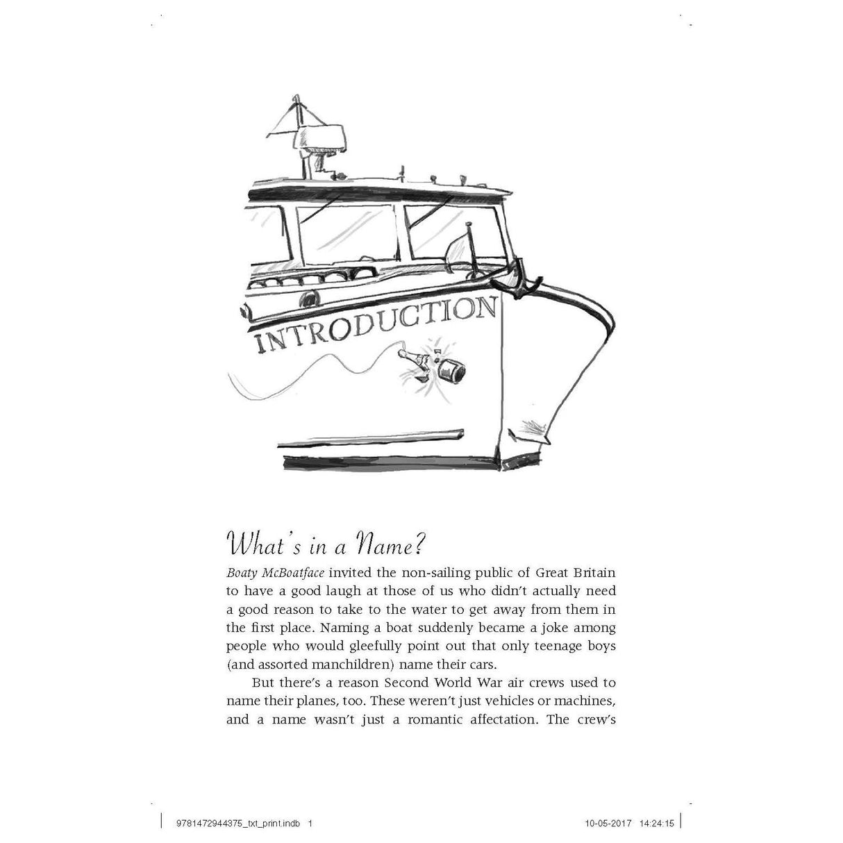 The black-and-white illustration of the boat "Introduction" humorously explores quirky boat names, including gems like "Boaty McBoatface" and WWII aircraft. A perfect gift for skippers who appreciate clever names, featured in Adlard Coles' product "Yacht Were You Thinking?.
