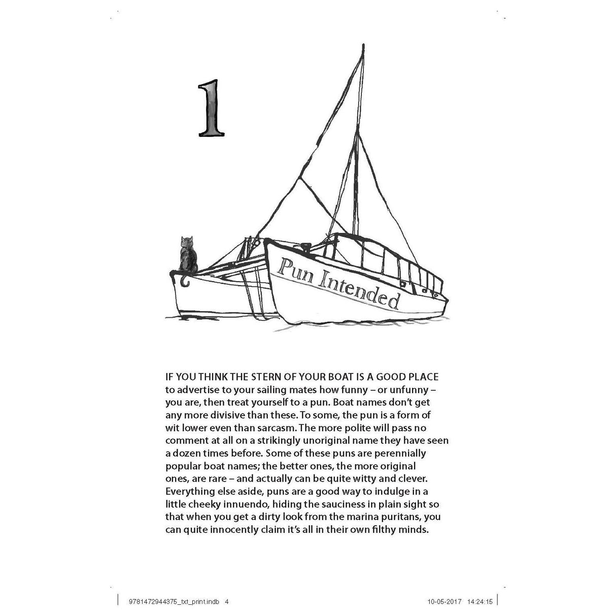 The book "Yacht Were You Thinking?" by Adlard Coles features a triangular diagram with text exploring how puns divide opinions in advertising, particularly in boat naming, highlighting reactions to clever names on newly launched vessels.