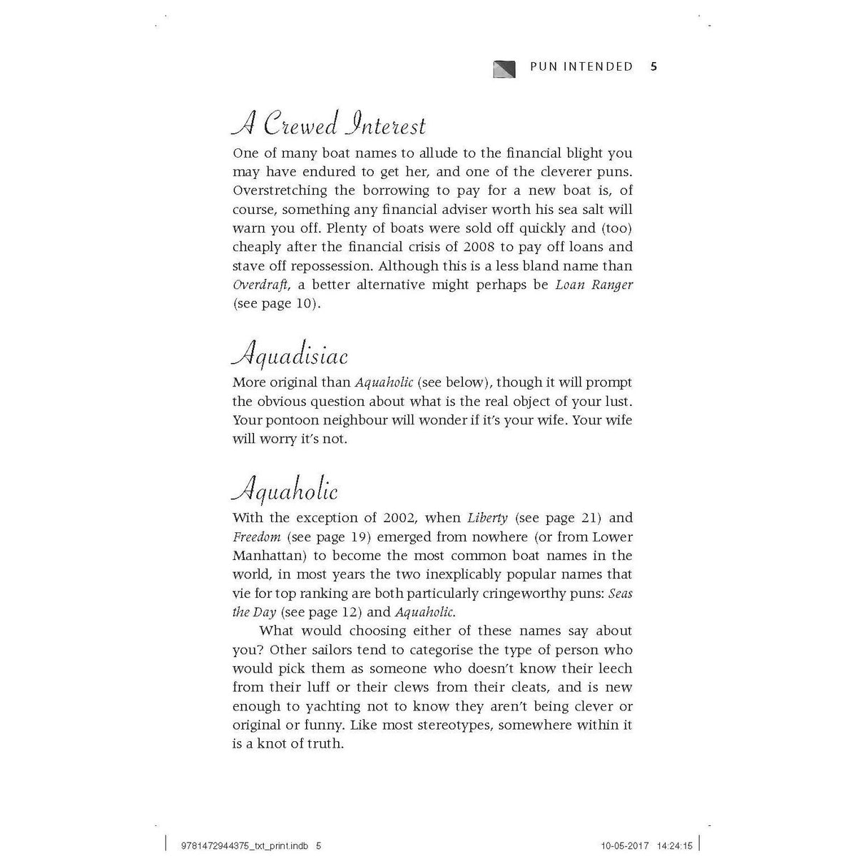 The page "Pun Intended" from "Yacht Were You Thinking?" by Adlard Coles humorously explores boat names like "A Crewed Interest," "Overdraft," and others, perfect for skippers who love witty wordplay.