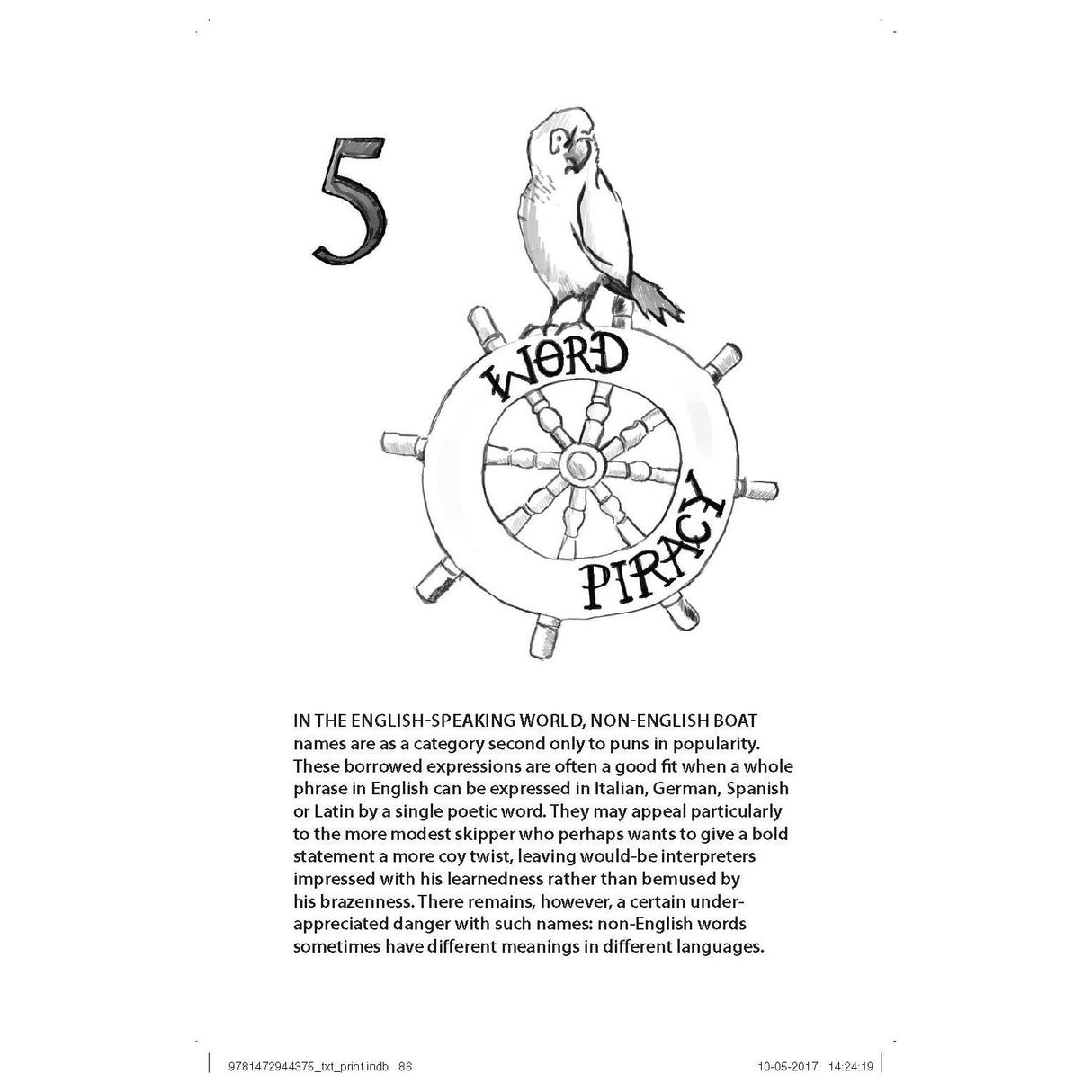 A parrot perches on a ship's wheel labeled "WORD PIRACY" with a bold number 5 above. Below, discuss boat naming artistry and wordplay, focusing on captivating non-English names—a perfect skipper gift for creative sailors from Adlard Coles' "Yacht Were You Thinking?.