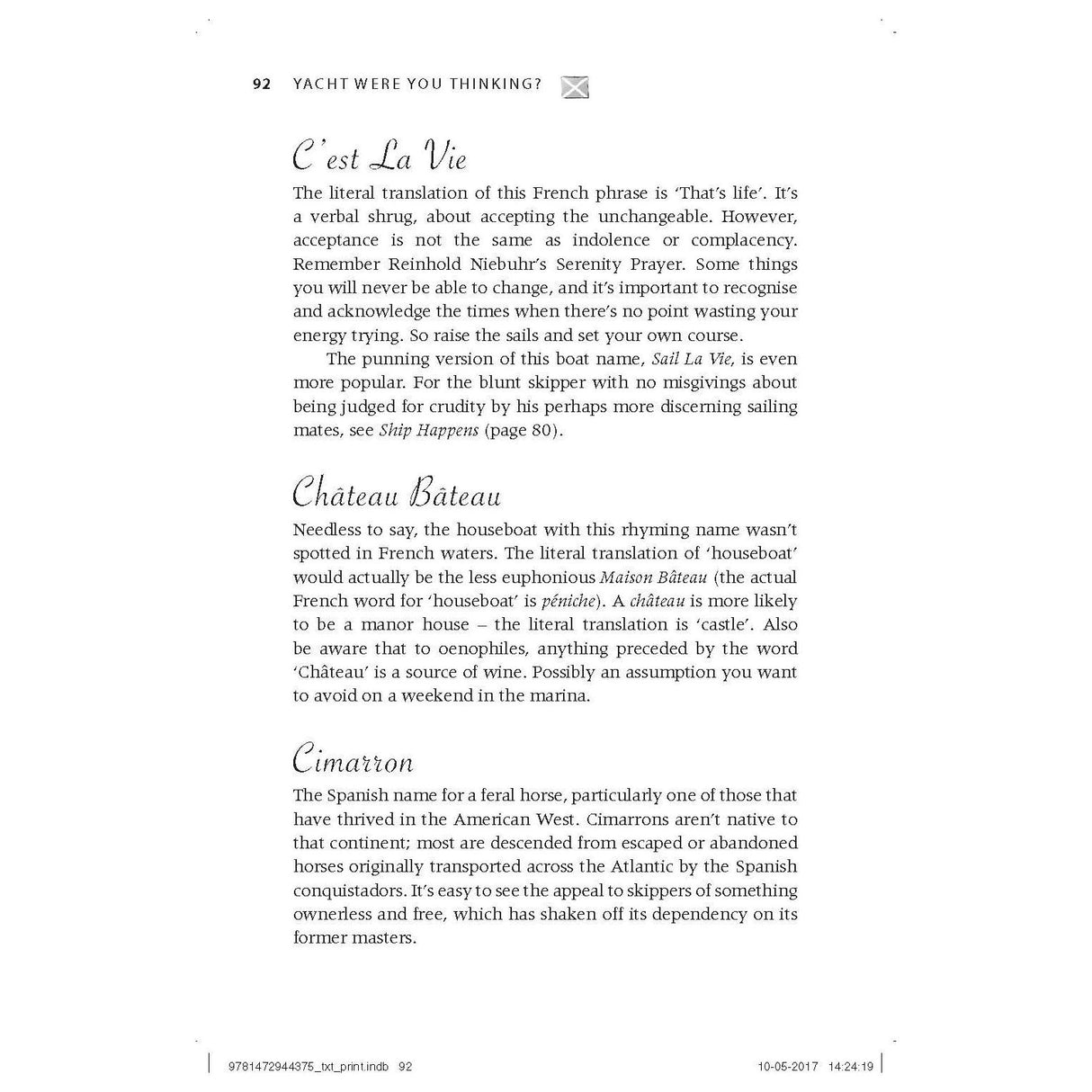 A page from Adlard Coles' "Yacht Were You Thinking?" humorously explores French yacht phrases with sections like "C’est La Vie," "Sail La Vie," and "Chateau Bateau," offering witty nautical commentary and creative boat names, making it an ideal gift for skippers.