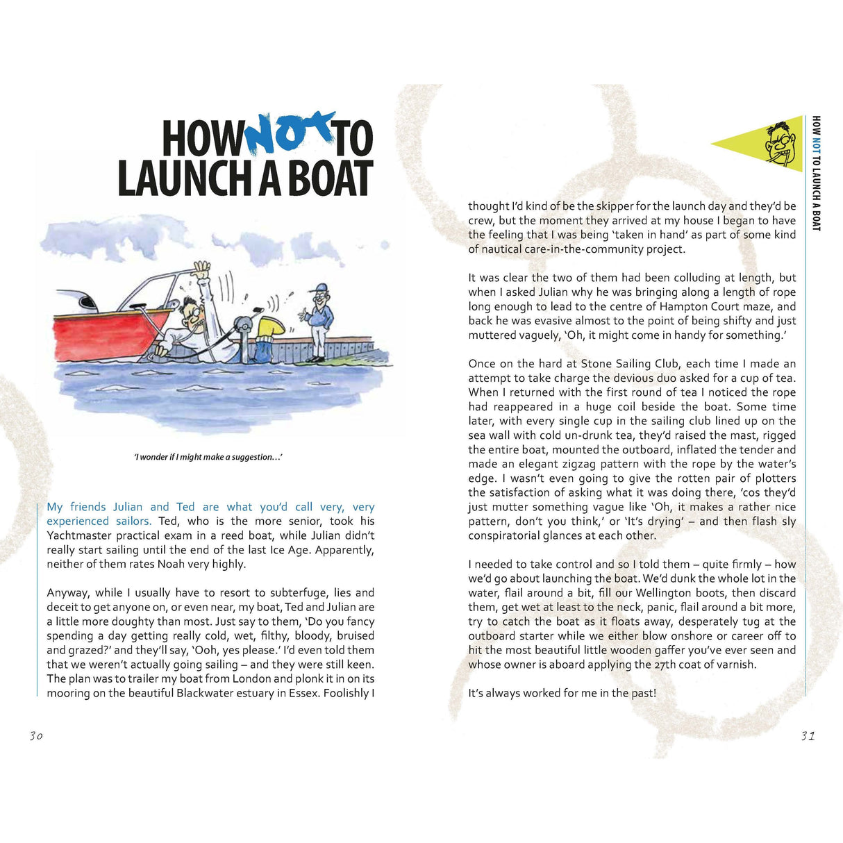 A page from the Adlard Coles book, "The Impractical Boat Owner," showcases a cartoon on the left with two men and a boat. The humorous text narrates Julian and Ted's comedic attempt at launching a boat. Pages 30 and 31 are displayed.