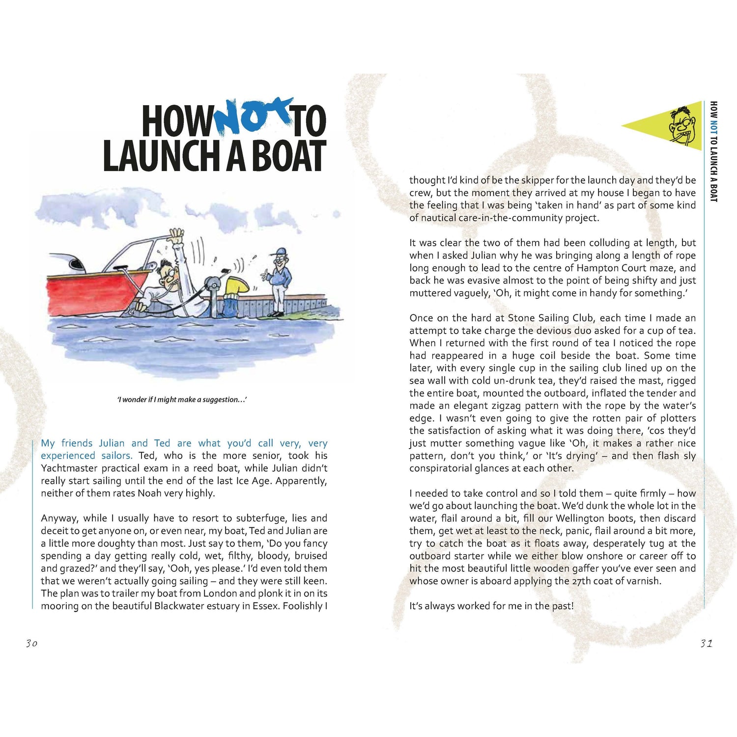 A page from the Adlard Coles book, "The Impractical Boat Owner," showcases a cartoon on the left with two men and a boat. The humorous text narrates Julian and Ted's comedic attempt at launching a boat. Pages 30 and 31 are displayed.