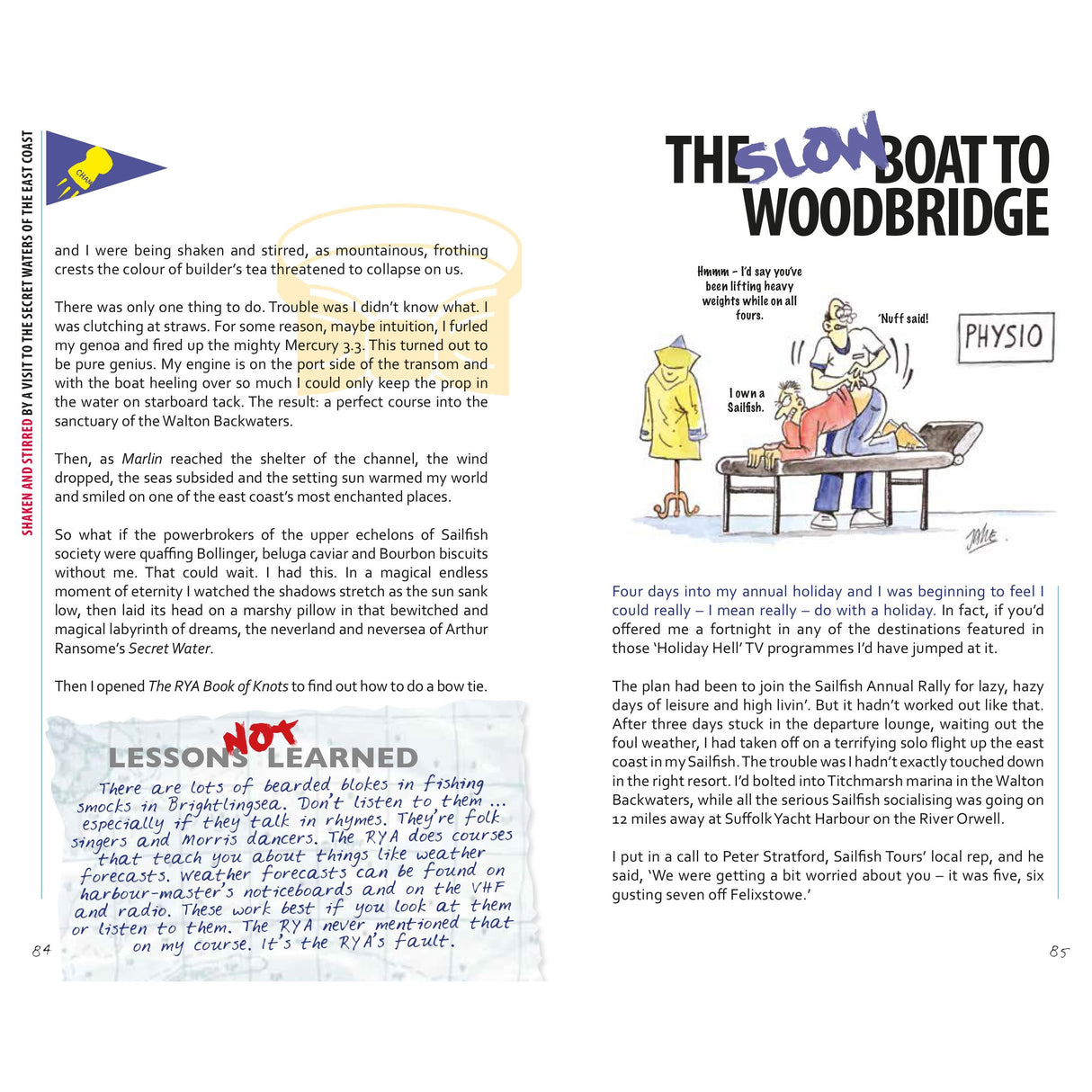 Certainly! The image depicts a magazine page with witty text about a stormy boat trip to Woodbridge. Sketched illustrations include a boat and a man in a "PHYSIO" T-shirt, akin to Dave's columns. Handwritten notes and the title, "The Impractical Boat Owner" by Adlard Coles, are visible.
