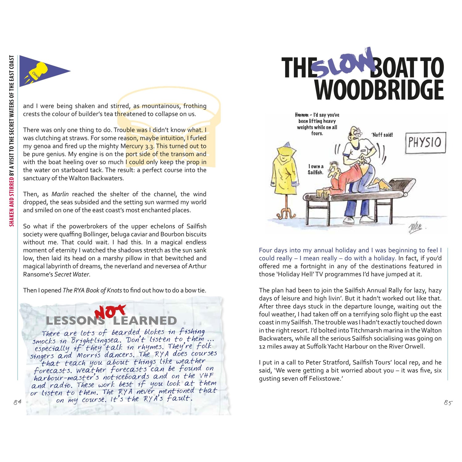 Certainly! The image depicts a magazine page with witty text about a stormy boat trip to Woodbridge. Sketched illustrations include a boat and a man in a "PHYSIO" T-shirt, akin to Dave's columns. Handwritten notes and the title, "The Impractical Boat Owner" by Adlard Coles, are visible.