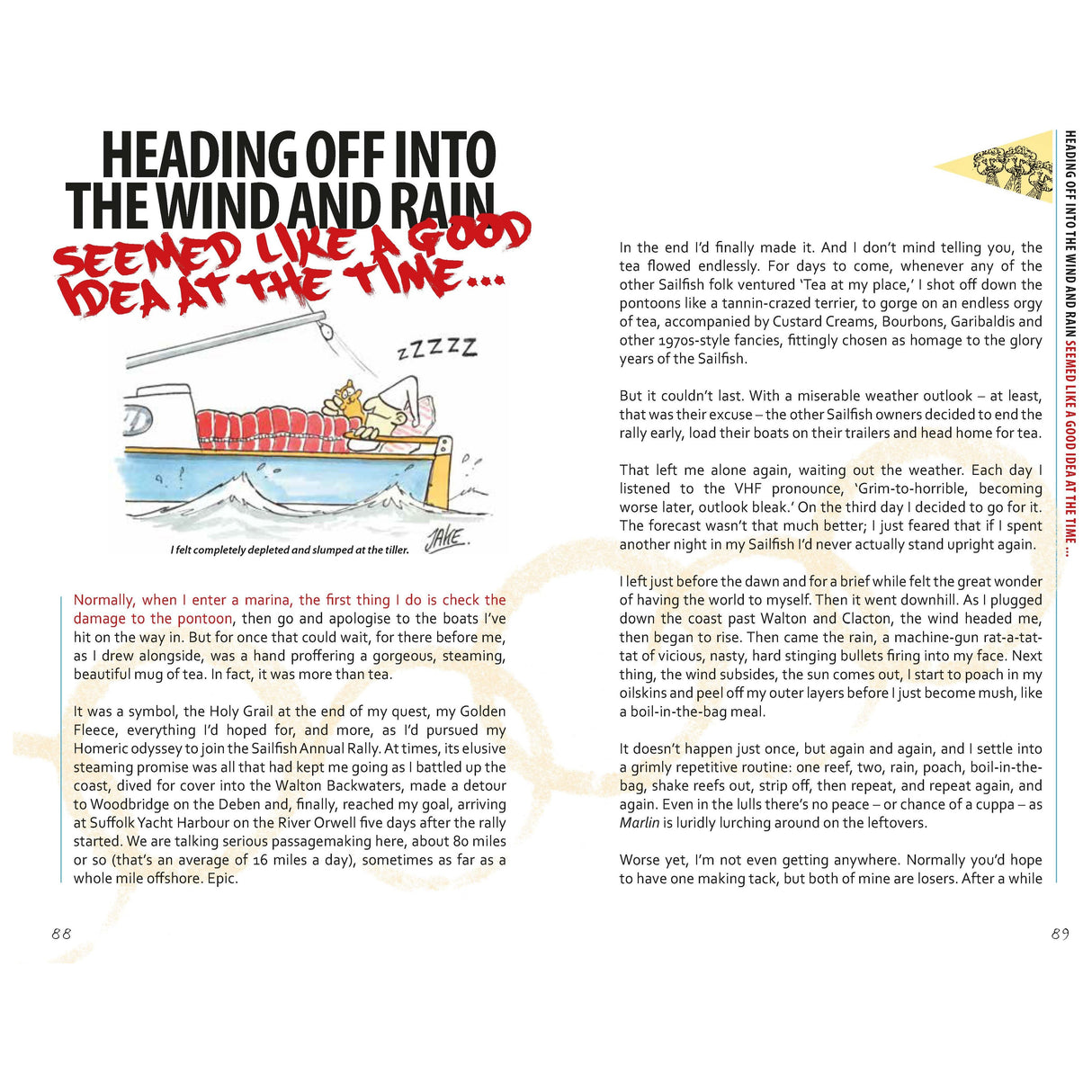 A cartoon in "The Impractical Boat Owner" by Adlard Coles shows a boat owner snoozing with the text "Seemed Like a Good Idea at the Time...," humorously summarizing Dave's columns on sailing prep woes and weather mishaps, featured on pages 86 and 69.