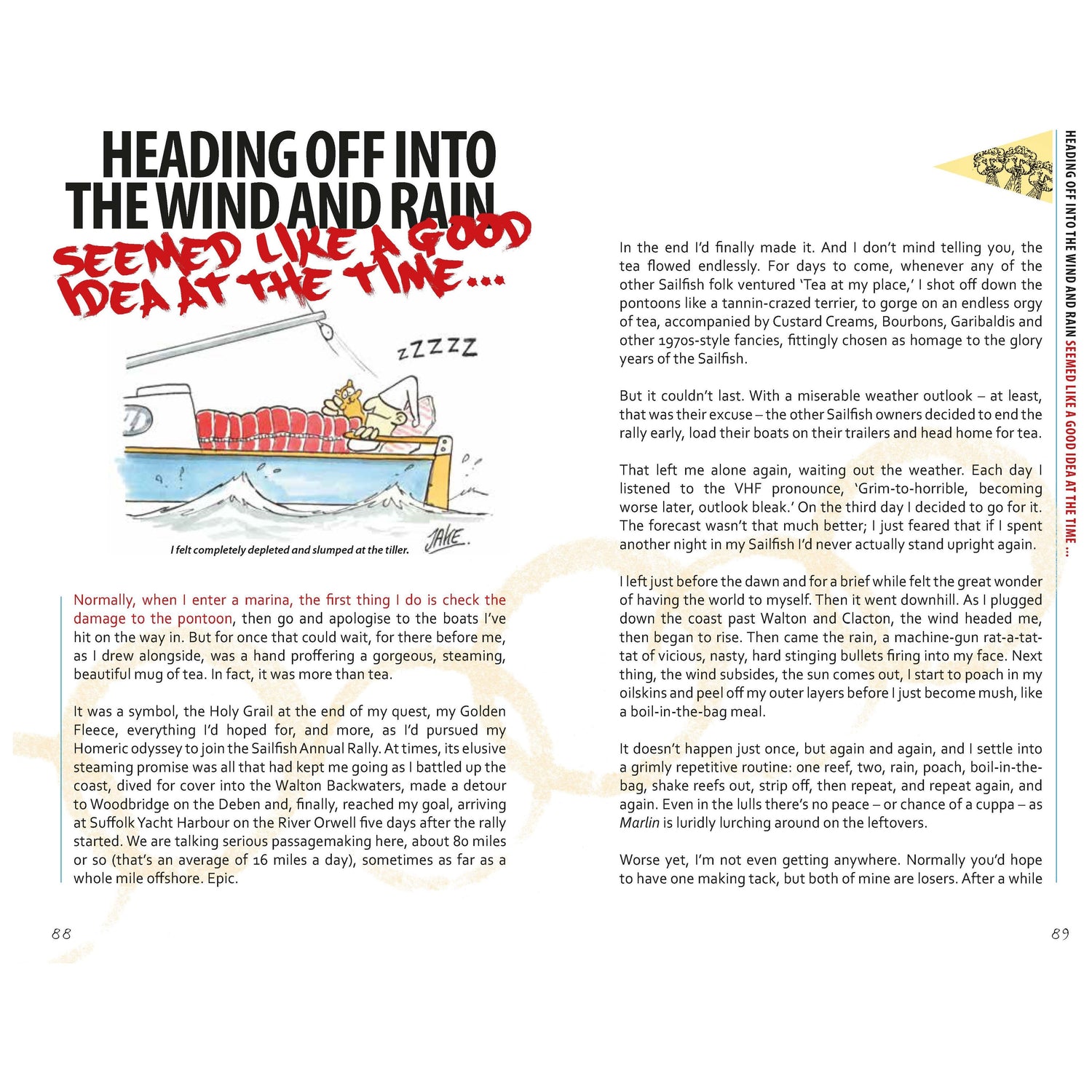 A cartoon in "The Impractical Boat Owner" by Adlard Coles shows a boat owner snoozing with the text "Seemed Like a Good Idea at the Time...," humorously summarizing Dave's columns on sailing prep woes and weather mishaps, featured on pages 86 and 69.