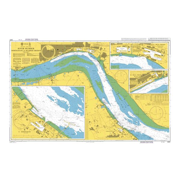 Product image of Admiralty Chart 3497 | River Humber Immingham to Humber Bridge and the Rivers Ouse and Trent, featuring navigational markings, depth soundings, and coastal features, essential for safe marine navigation. It could be displayed as an art piece or used for navigation on a boat or ship.