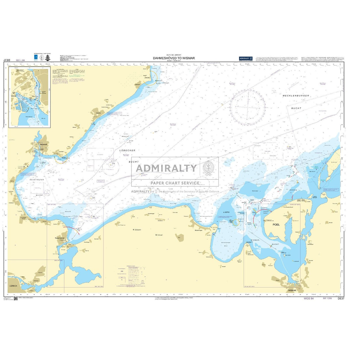 Admiralty Chart DE37: Dahmeshoved to Wismar details navigational markers, depth contours, ports, and land features; includes an inset map. Produced by Admiralty.