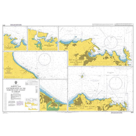 Product image of Admiralty Chart 3518 | Ports and Anchorages on the North-East Coast of Oman, featuring navigational markings, depth soundings, and coastal features, essential for safe marine navigation. It could be displayed as an art piece or used for navigation on a boat or ship.