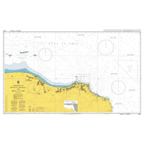 Product image of Admiralty Chart 3522 | Approaches to Muscat (Masqat) and Mina' al Fahl, featuring navigational markings, depth soundings, and coastal features, essential for safe marine navigation. It could be displayed as an art piece or used for navigation on a boat or ship.