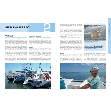 A two-page spread from "The Atlantic Crossing Guide" by Adlard Coles shows a marina photo with yachts for cruising sailors on the left. The right page has another text section, a bird's-eye view of a marina, and an older person steering during an Atlantic voyage.