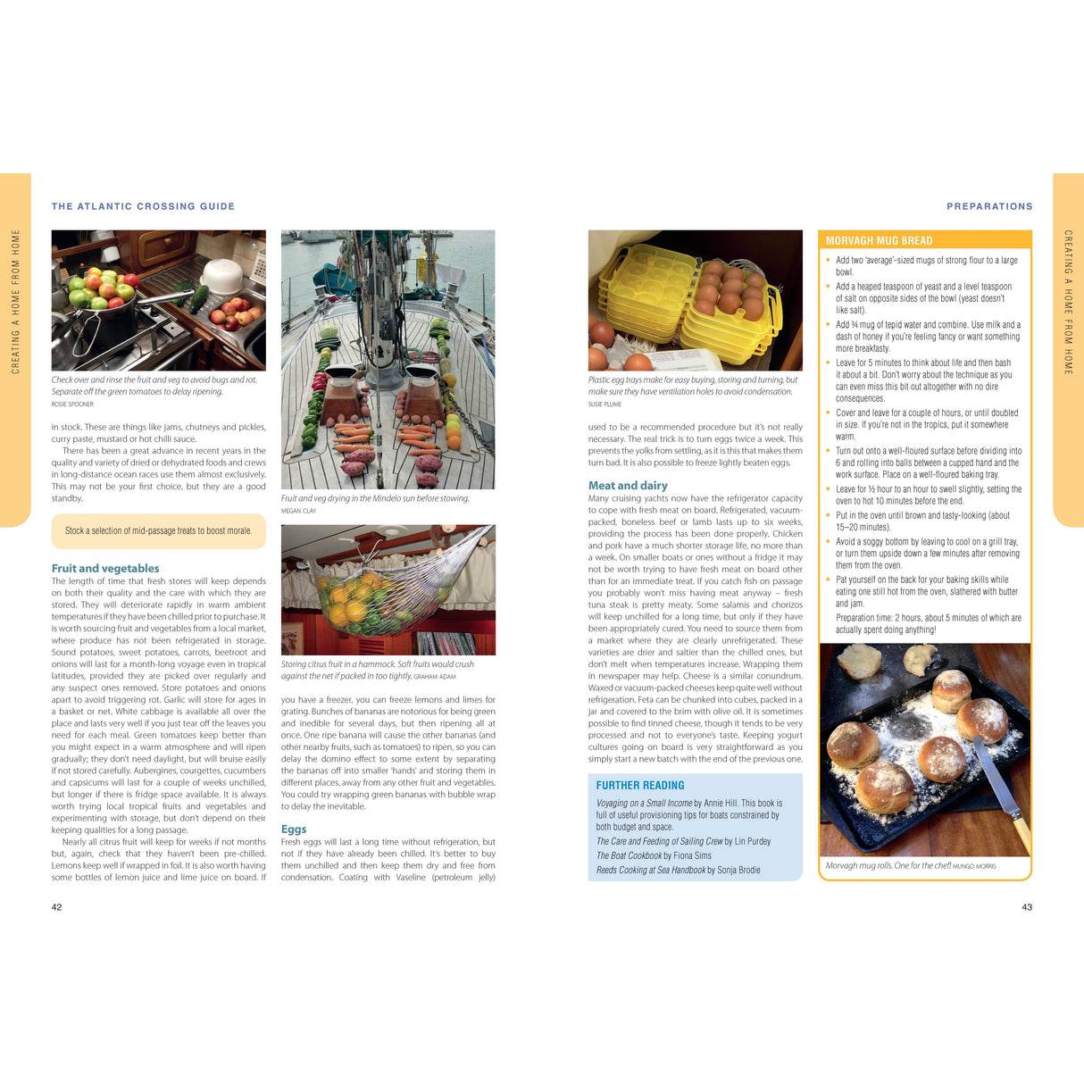Two pages from "The Atlantic Crossing Guide" by Adlard Coles show fresh produce storage tips with eggs in a tray and oranges in a hammock on the left, while the right page provides instructions and images for making Norwegian mug bread during your Atlantic voyage.