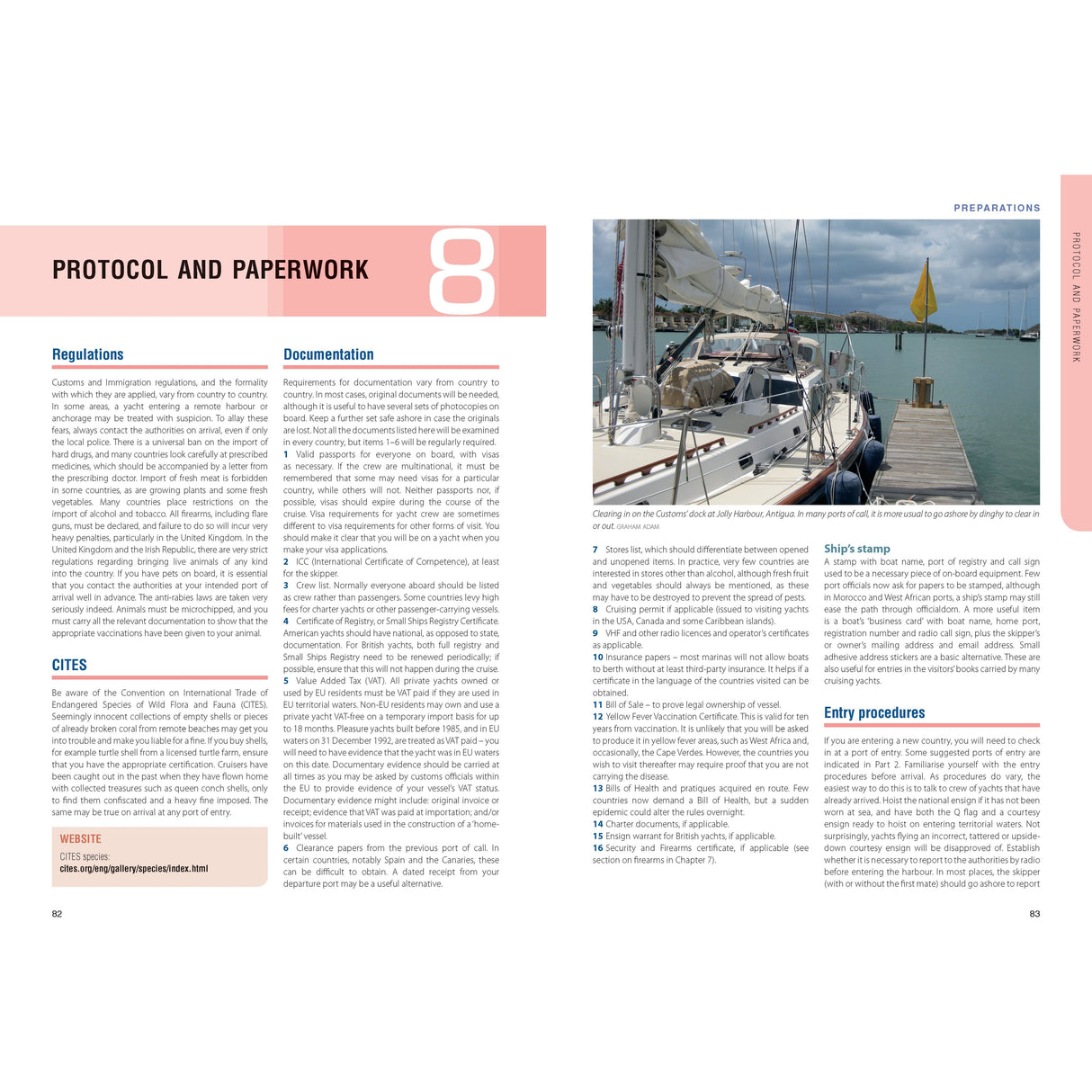 A two-page spread from "The Atlantic Crossing Guide" by Adlard Coles features regulations, documentation, and CITES on the left page under "Protocol and Paperwork," vital for sailors preparing an Atlantic voyage. The right page displays a docked sailboat and essential procedures list.