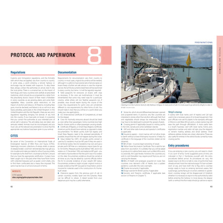 A two-page spread from "The Atlantic Crossing Guide" by Adlard Coles features regulations, documentation, and CITES on the left page under "Protocol and Paperwork," vital for sailors preparing an Atlantic voyage. The right page displays a docked sailboat and essential procedures list.
