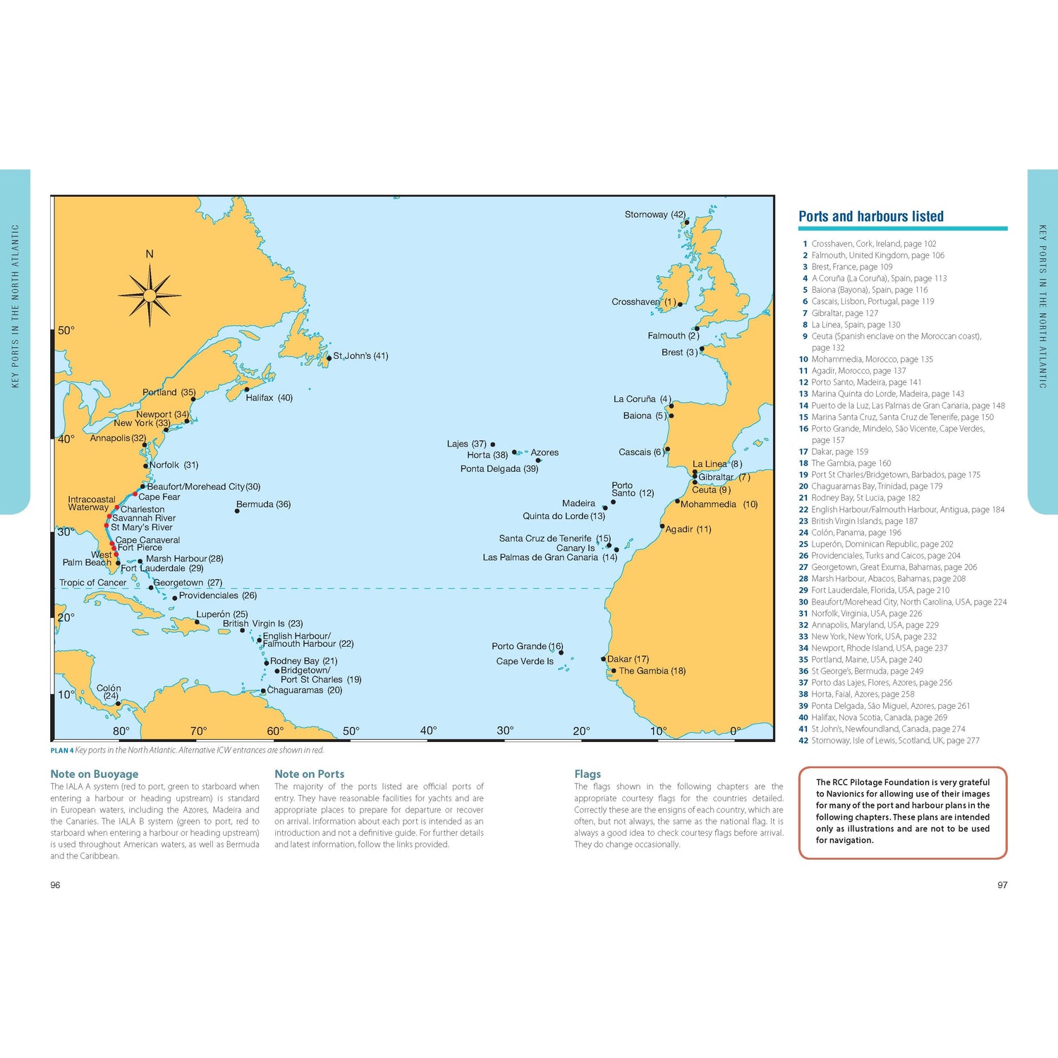 The Atlantic Crossing Guide by Adlard Coles offers a fictional archipelago map featuring numbered ports perfect for cruising sailors, with notes on buoyage, flags, and regulations. Ideal for planning an Atlantic crossing, it includes lists of ports and latitude/longitude markings.