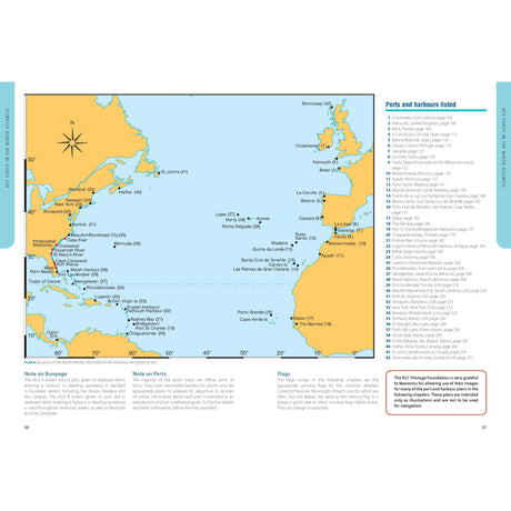 The Atlantic Crossing Guide by Adlard Coles offers a fictional archipelago map featuring numbered ports perfect for cruising sailors, with notes on buoyage, flags, and regulations. Ideal for planning an Atlantic crossing, it includes lists of ports and latitude/longitude markings.