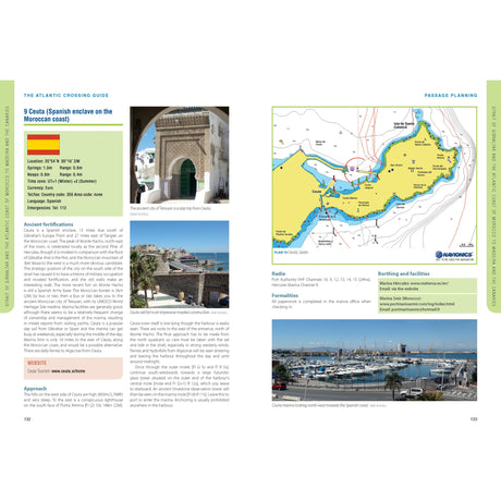 An article in "The Atlantic Crossing Guide" by Adlard Coles details Ceuta, a Spanish enclave on the Moroccan coast popular with sailors. It includes location info, history, maps, a marina photo, and entry planning tips. Photos highlight an ornate gate and the marina.
