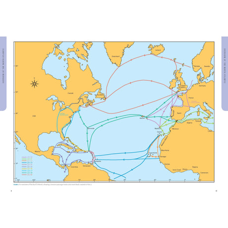 The Atlantic Crossing Guide by Adlard Coles features a map of the transatlantic slave trade routes with colored lines showing different centuries (15th-19th) between Africa, the Americas, and Europe, plus keys for ship movements and vital ocean currents.