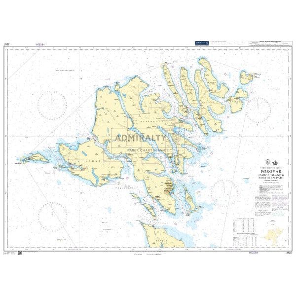 Admiralty Chart 3567: Foroyar (Faroe Islands) Northern Part depicts coastlines, navigational routes, depths, and landmarks. The yellow islands contrast a white-light blue ocean background, ensuring compliance with SOLAS for precise maritime navigation.